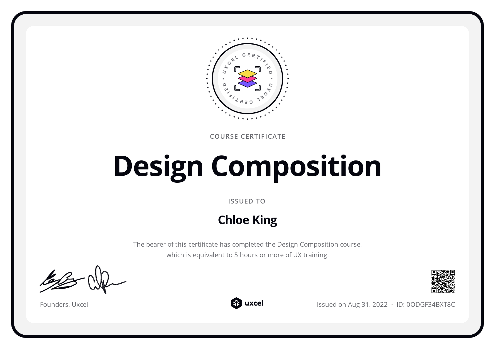 Chloe King's certificate